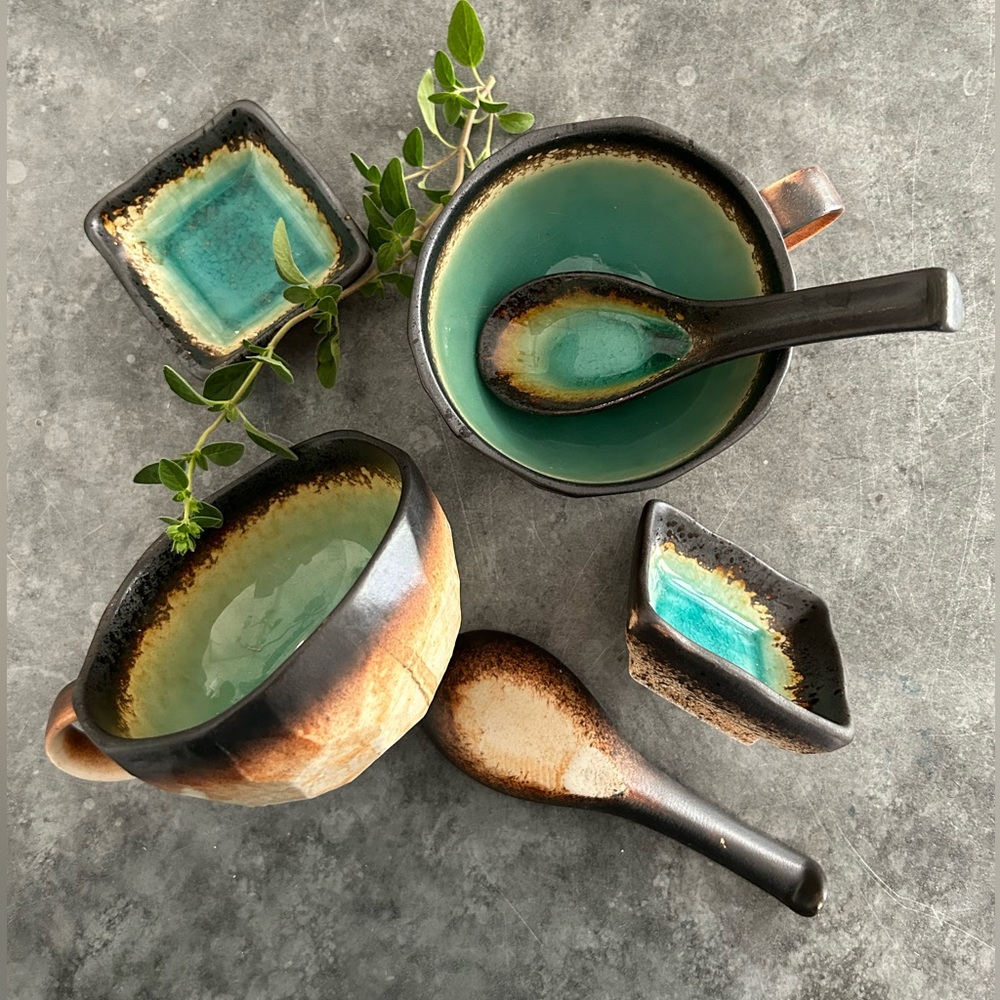 Gorgeous teal 6-piece Asian soup teacup glazed pottery set with spoons, ramekins